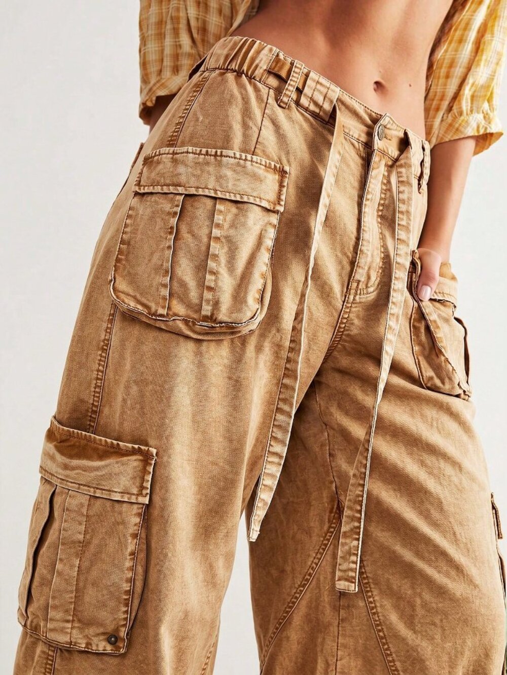Brown Casual Women's Woven Loose Cuffed Low Waist Loose Long Pants - Picture 3 of 10